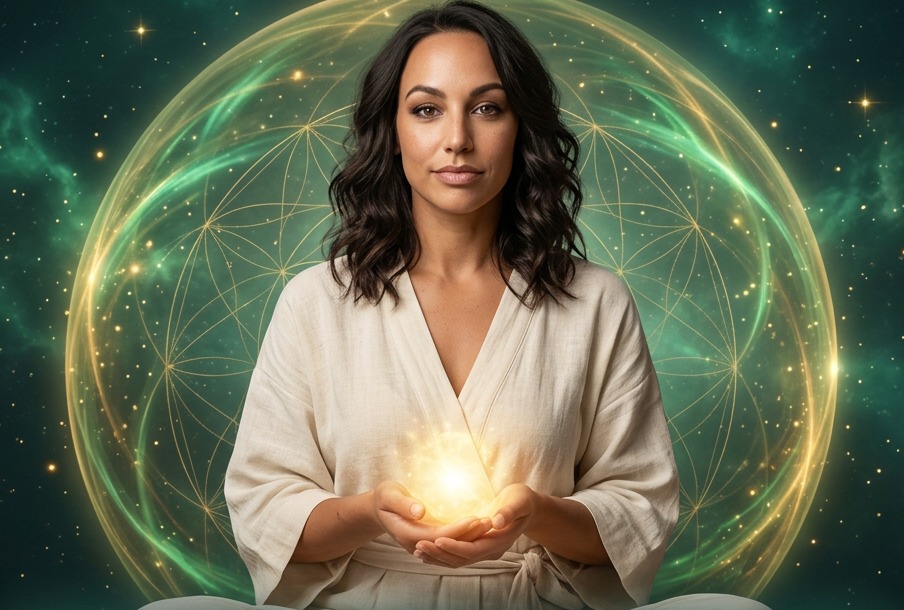 Amy Balmer seated within a luminous golden-green orb of light